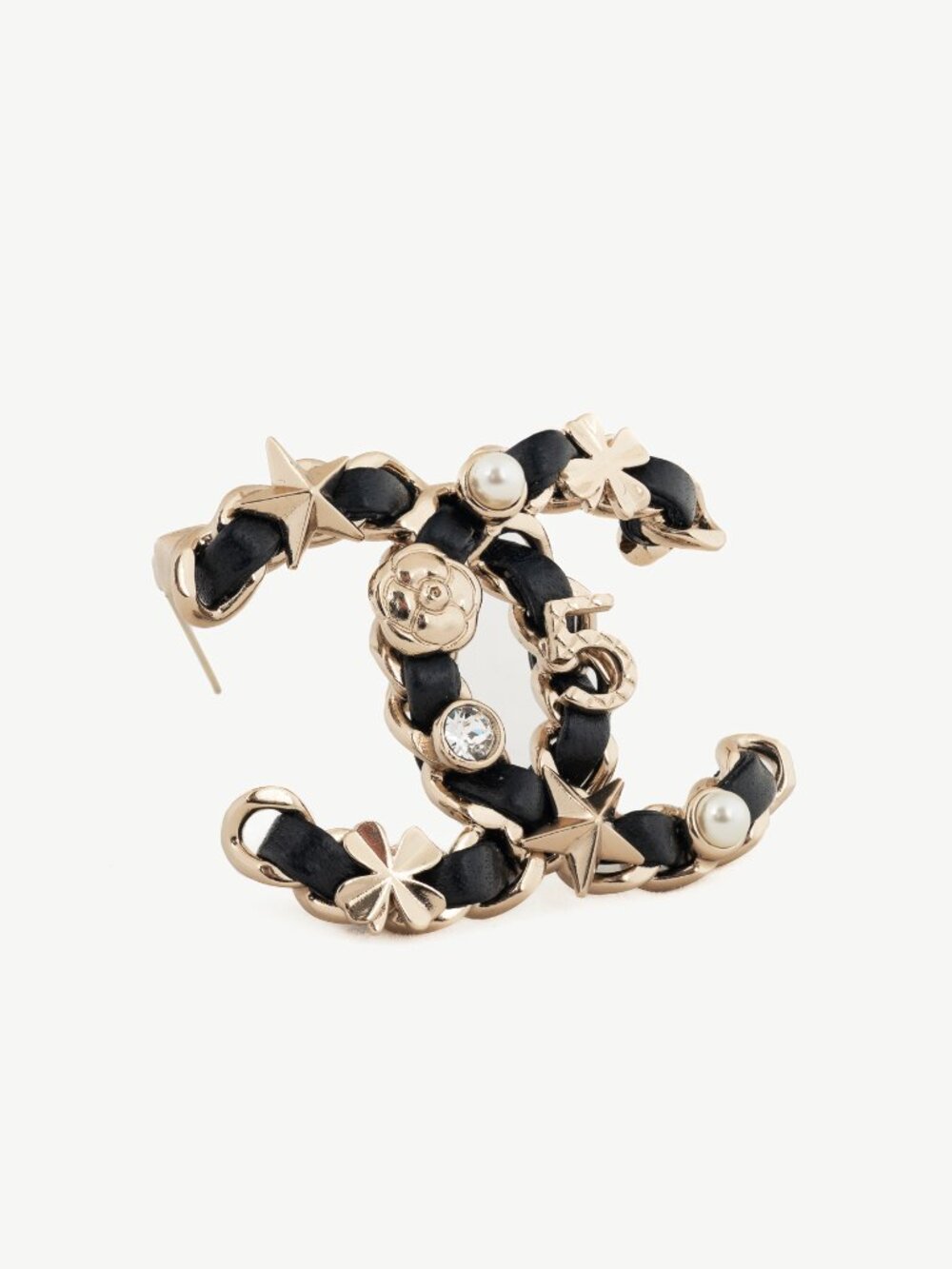 Chanel Black Leather Embellished CC-Logo Brooch